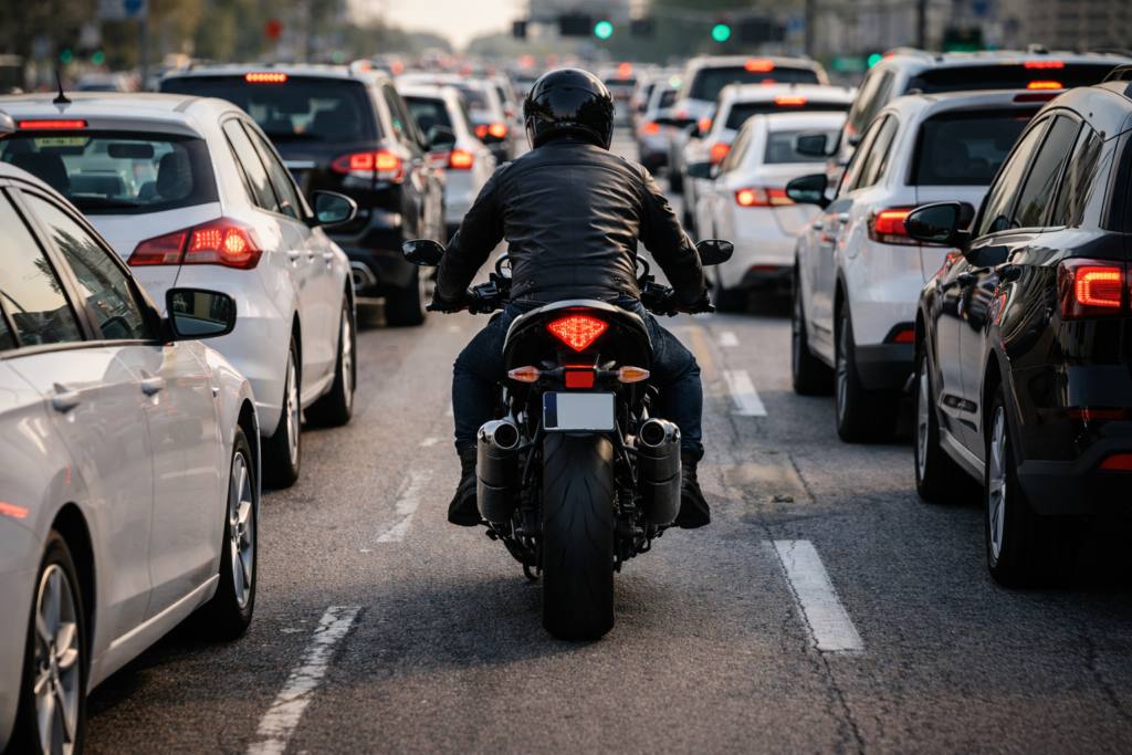 Motorcycle filtering through stopped traffic at a red light
