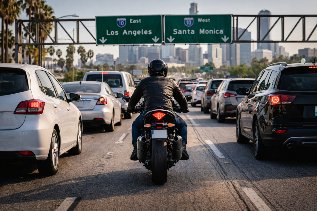 Motorcycle rider splitting lanes in California with clear traffic regulations
