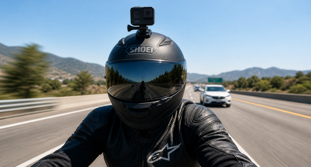 Helmet mounted motorcycle camera securely attached with clear rider visibility on highway