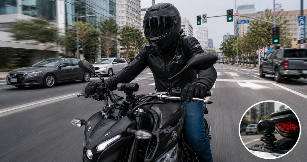 Modern motorcycle equipped with front and rear cameras riding in urban traffic environment