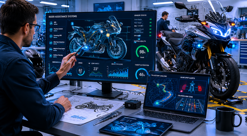 Engineer reviewing motorcycle safety system data and rider assistance technology