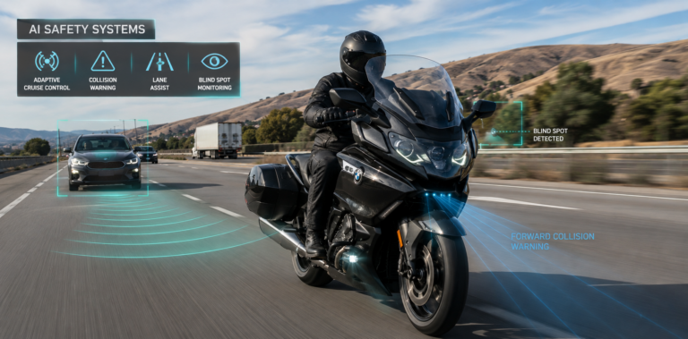 Modern motorcycle equipped with AI safety technology riding on a U.S. highway