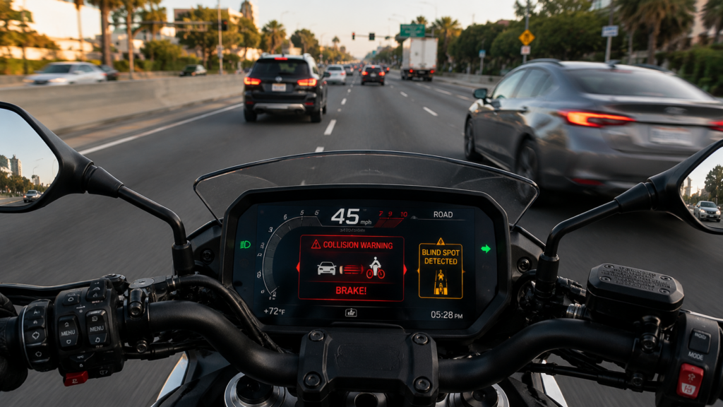 Motorcycle dashboard showing collision warning and blind spot alerts