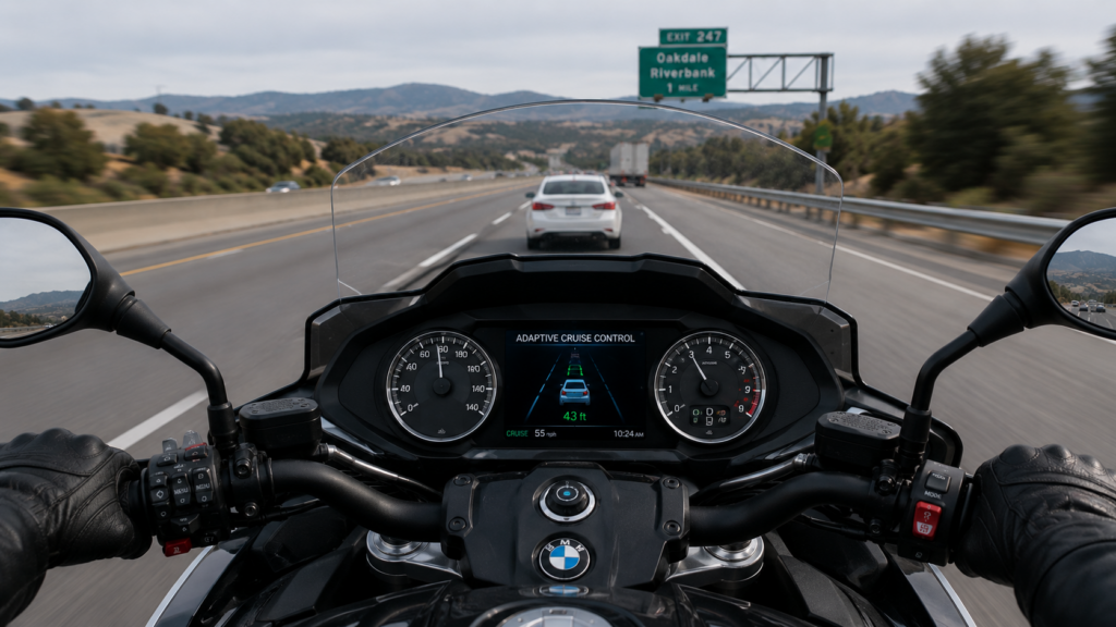 Motorcyclist using adaptive cruise control on a modern motorcycle