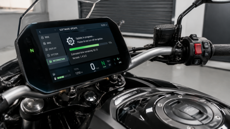Modern motorcycle displaying software update interface and digital dashboard system