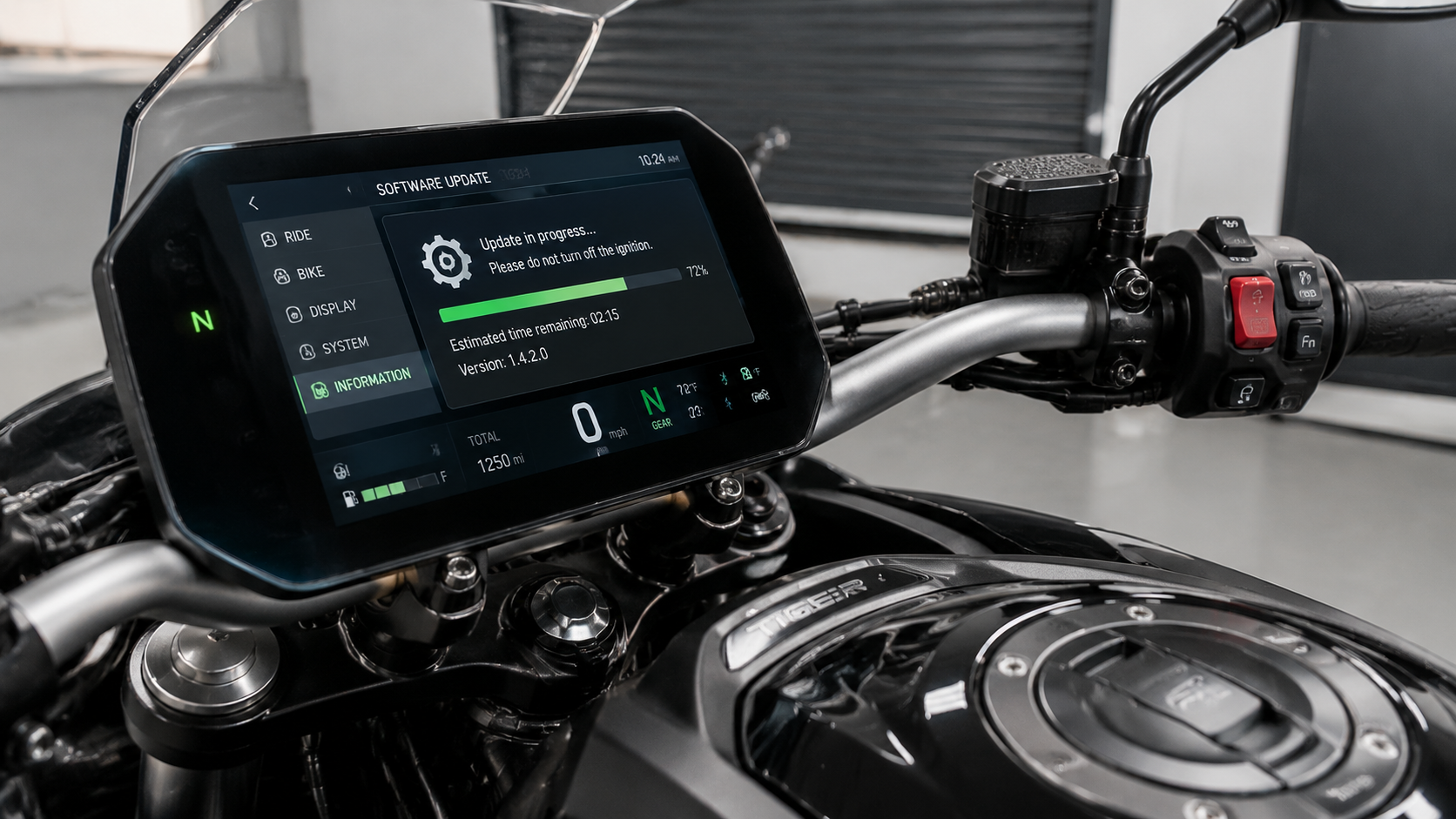 Modern motorcycle displaying software update interface and digital dashboard system