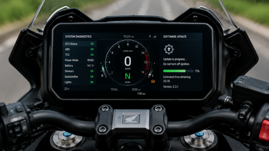 Motorcycle dashboard showing diagnostic software data and system update status screen