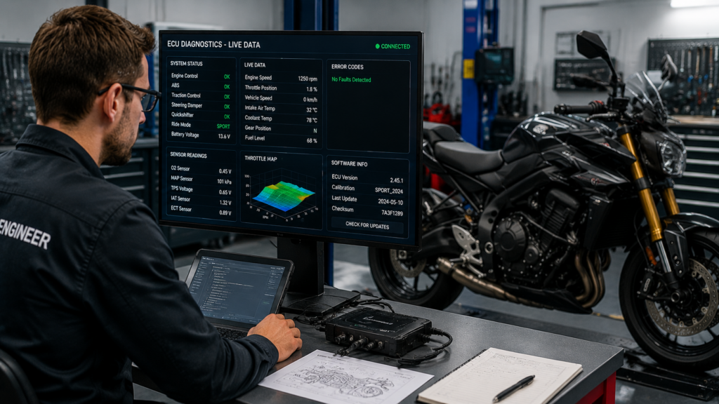 Motorcycle engineer analyzing ECU data and software diagnostics on computer screen