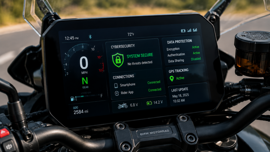 Motorcycle dashboard displaying digital security and connected vehicle features