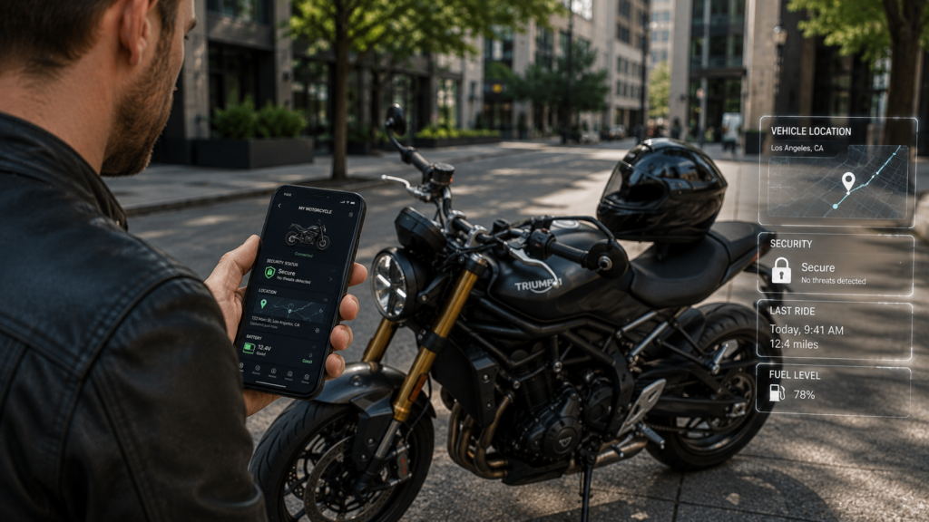 Rider using smartphone connected motorcycle security application