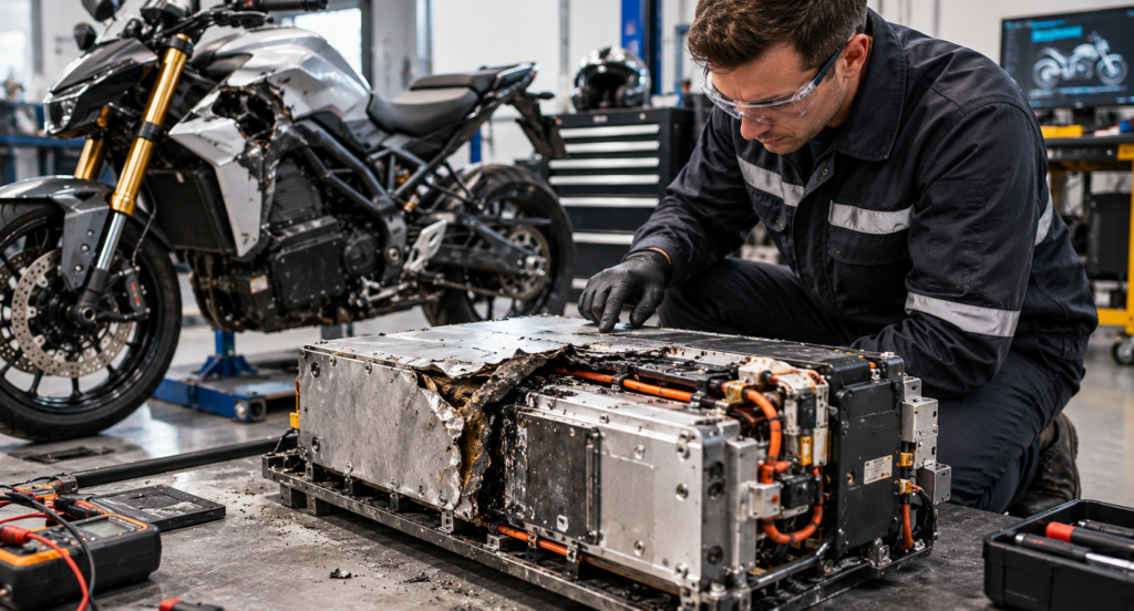 Damaged electric motorcycle battery pack being inspected after crash