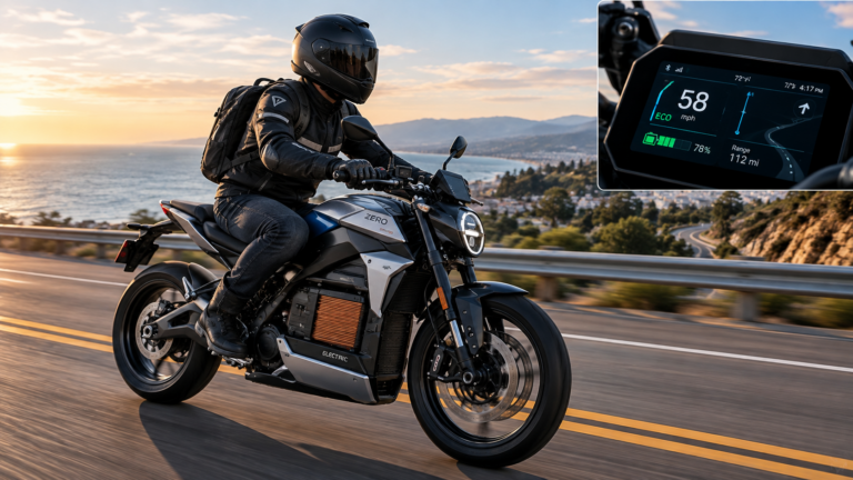 Electric motorcycle with advanced battery technology riding