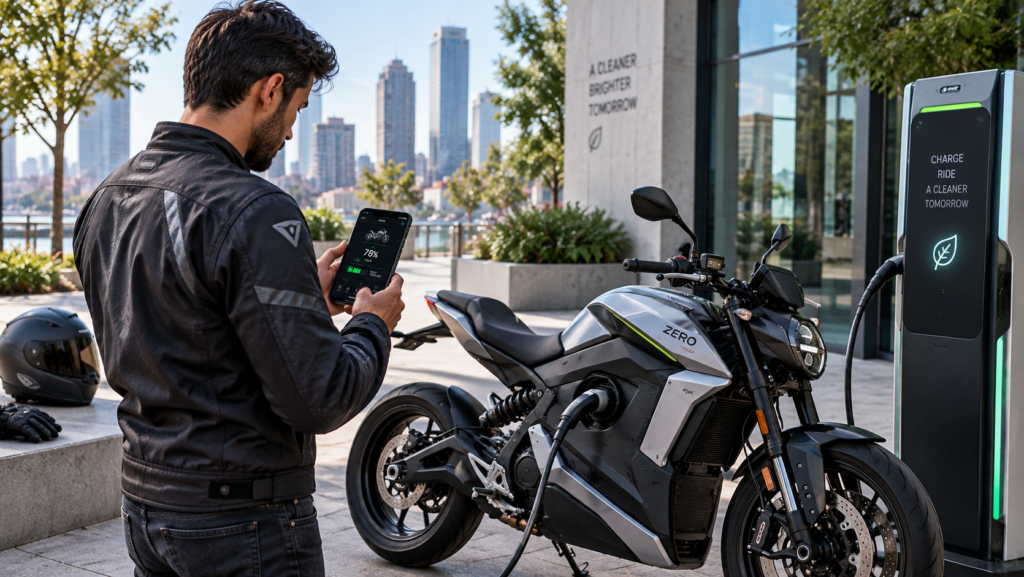 Rider charging electric motorcycle and checking battery information